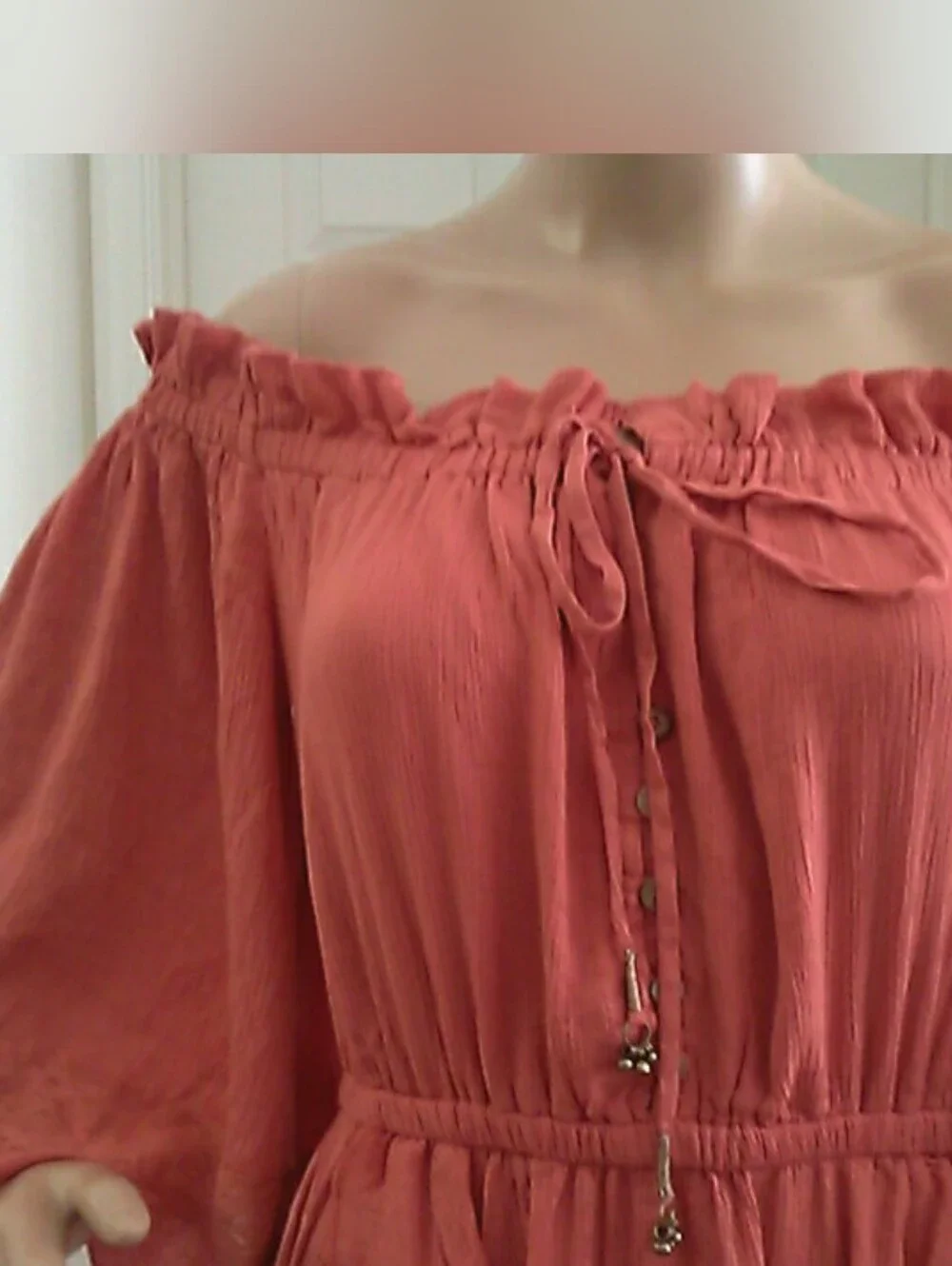 NWT FREE PEOPLE Boho Off-Shoulder Ruffle Maxi Dress Coral SZ. SM